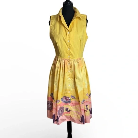 Banned Apparel Parasol Midi Dress Large Retro 50s Pinup Novelty Print Yellow - Picture 2 of 13
